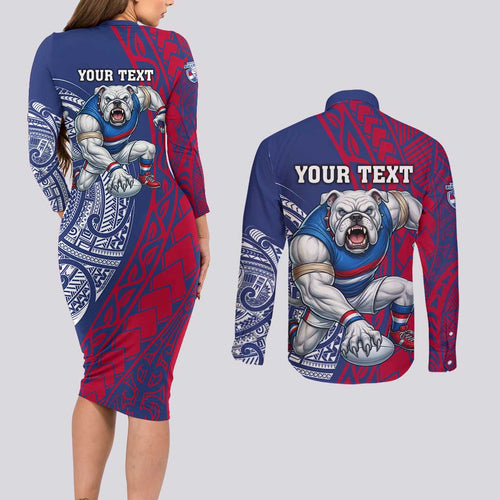 Personalised Western Bulldogs Mascot Couples Matching Long Sleeve Bodycon Dress and Long Sleeve Button Shirt Polynesian Tribal Pattern Bold Bulldog Football