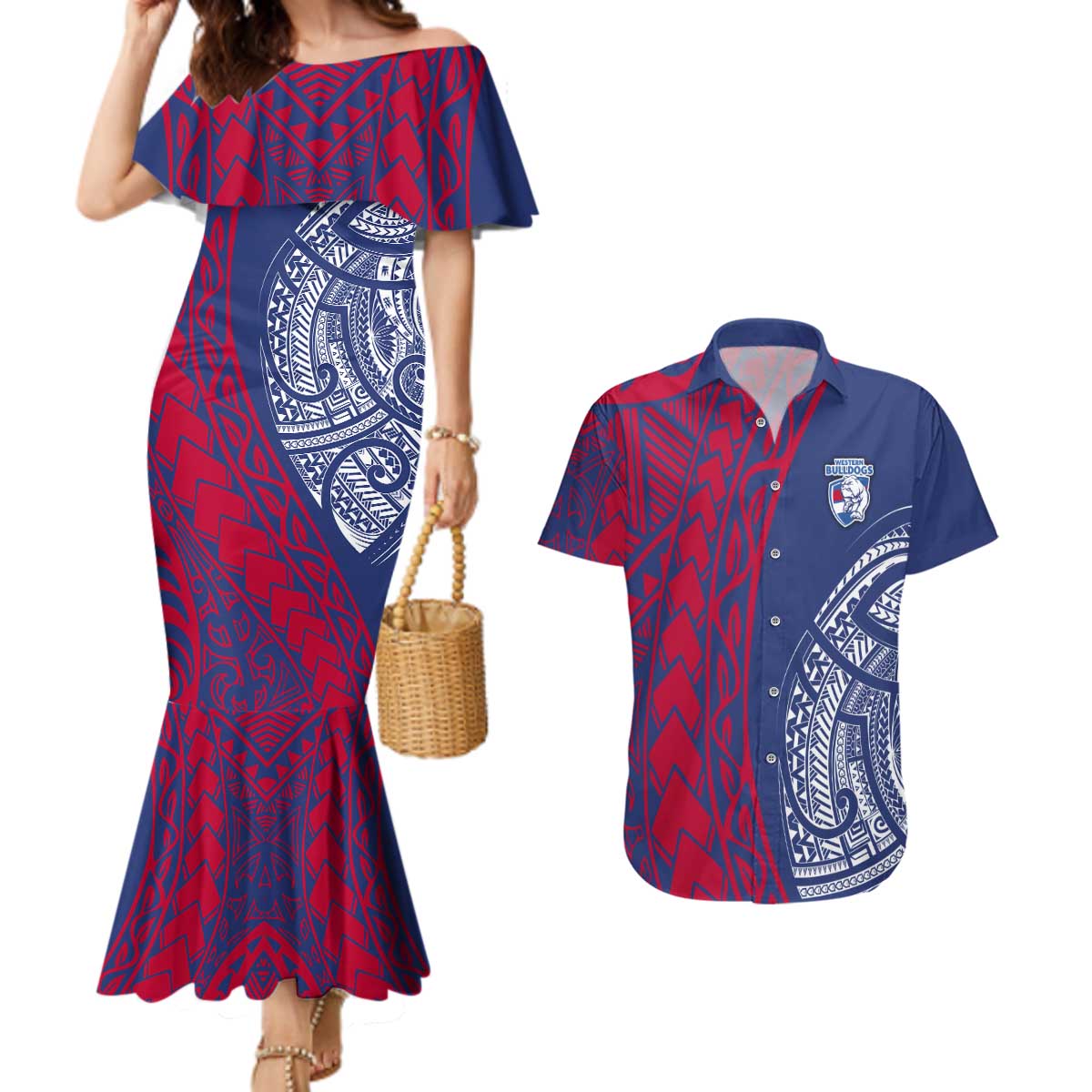 Personalised Western Bulldogs Mascot Couples Matching Mermaid Dress and Hawaiian Shirt Polynesian Tribal Pattern Bold Bulldog Football