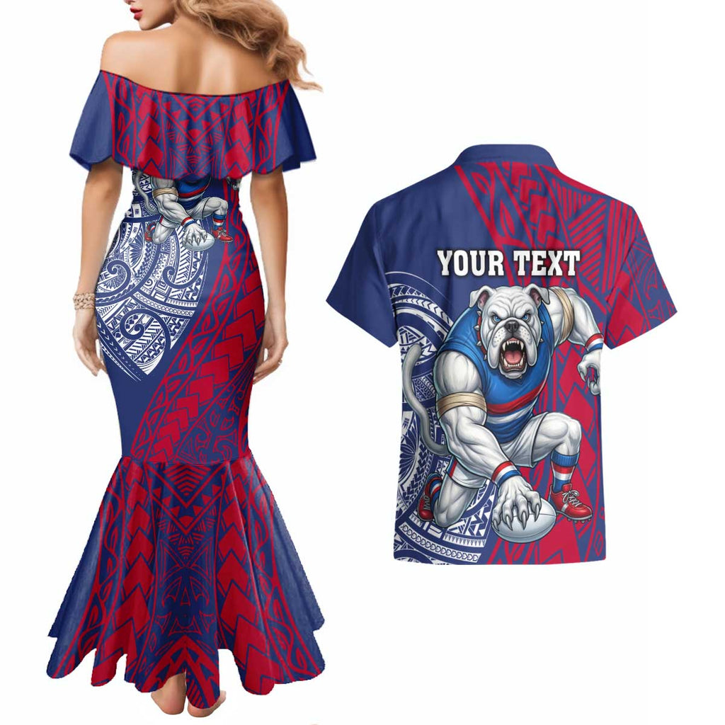 Personalised Western Bulldogs Mascot Couples Matching Mermaid Dress and Hawaiian Shirt Polynesian Tribal Pattern Bold Bulldog Football