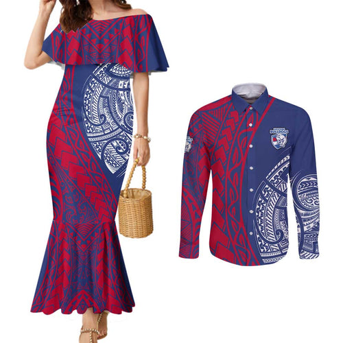 Personalised Western Bulldogs Mascot Couples Matching Mermaid Dress and Long Sleeve Button Shirt Polynesian Tribal Pattern Bold Bulldog Football