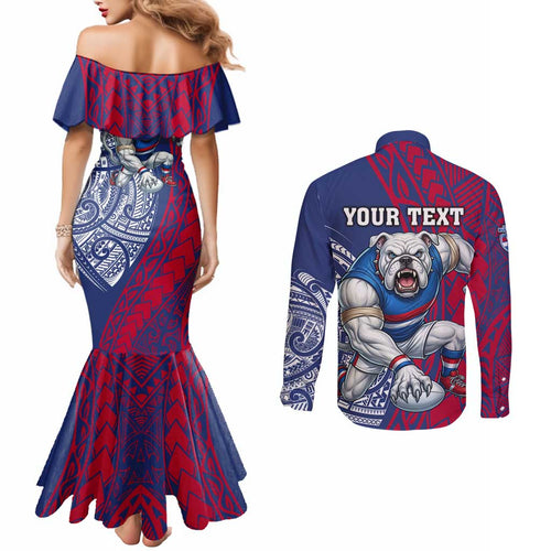 Personalised Western Bulldogs Mascot Couples Matching Mermaid Dress and Long Sleeve Button Shirt Polynesian Tribal Pattern Bold Bulldog Football