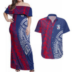 Personalised Western Bulldogs Mascot Couples Matching Off Shoulder Maxi Dress and Hawaiian Shirt Polynesian Tribal Pattern Bold Bulldog Football
