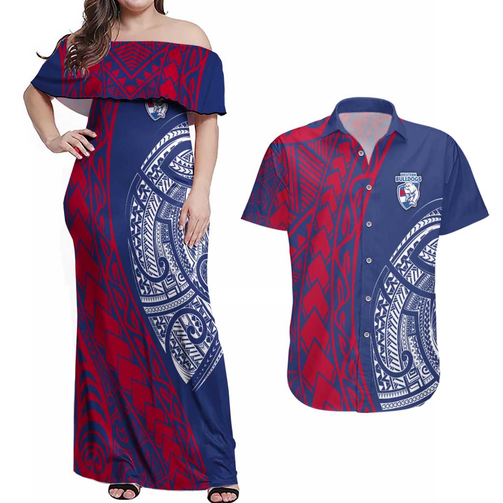 Personalised Western Bulldogs Mascot Couples Matching Off Shoulder Maxi Dress and Hawaiian Shirt Polynesian Tribal Pattern Bold Bulldog Football
