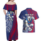 Personalised Western Bulldogs Mascot Couples Matching Off Shoulder Maxi Dress and Hawaiian Shirt Polynesian Tribal Pattern Bold Bulldog Football