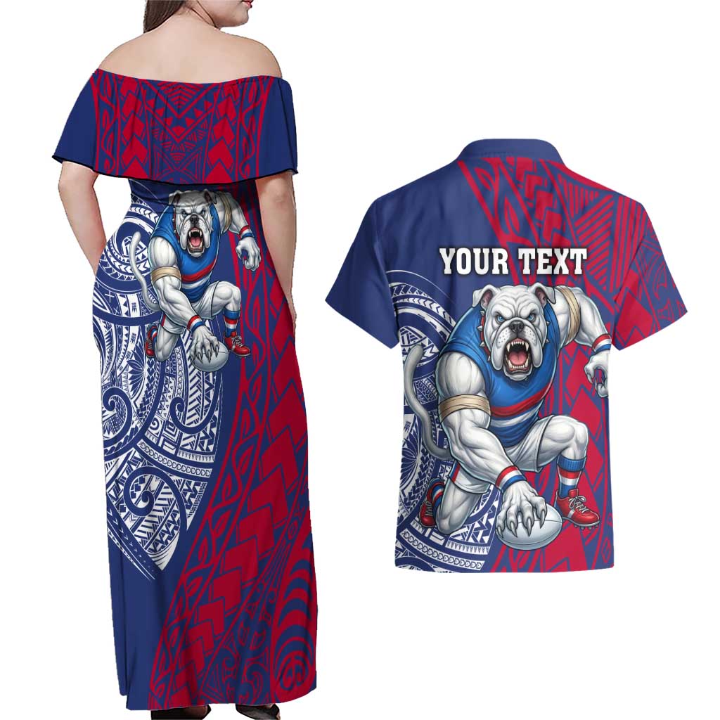 Personalised Western Bulldogs Mascot Couples Matching Off Shoulder Maxi Dress and Hawaiian Shirt Polynesian Tribal Pattern Bold Bulldog Football