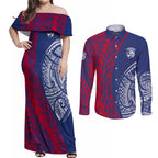 Personalised Western Bulldogs Mascot Couples Matching Off Shoulder Maxi Dress and Long Sleeve Button Shirt Polynesian Tribal Pattern Bold Bulldog Football