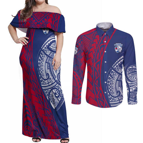 Personalised Western Bulldogs Mascot Couples Matching Off Shoulder Maxi Dress and Long Sleeve Button Shirt Polynesian Tribal Pattern Bold Bulldog Football
