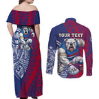 Personalised Western Bulldogs Mascot Couples Matching Off Shoulder Maxi Dress and Long Sleeve Button Shirt Polynesian Tribal Pattern Bold Bulldog Football