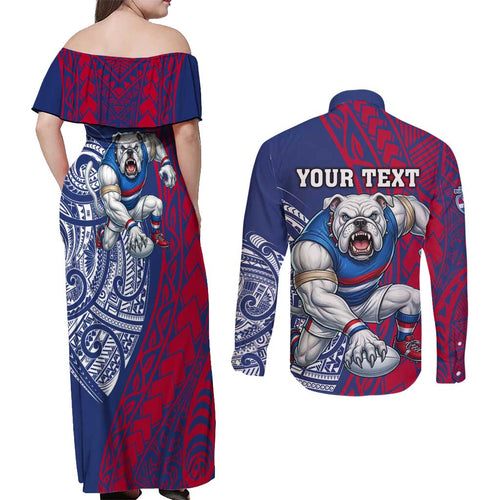 Personalised Western Bulldogs Mascot Couples Matching Off Shoulder Maxi Dress and Long Sleeve Button Shirt Polynesian Tribal Pattern Bold Bulldog Football