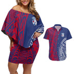 Personalised Western Bulldogs Mascot Couples Matching Off Shoulder Short Dress and Hawaiian Shirt Polynesian Tribal Pattern Bold Bulldog Football