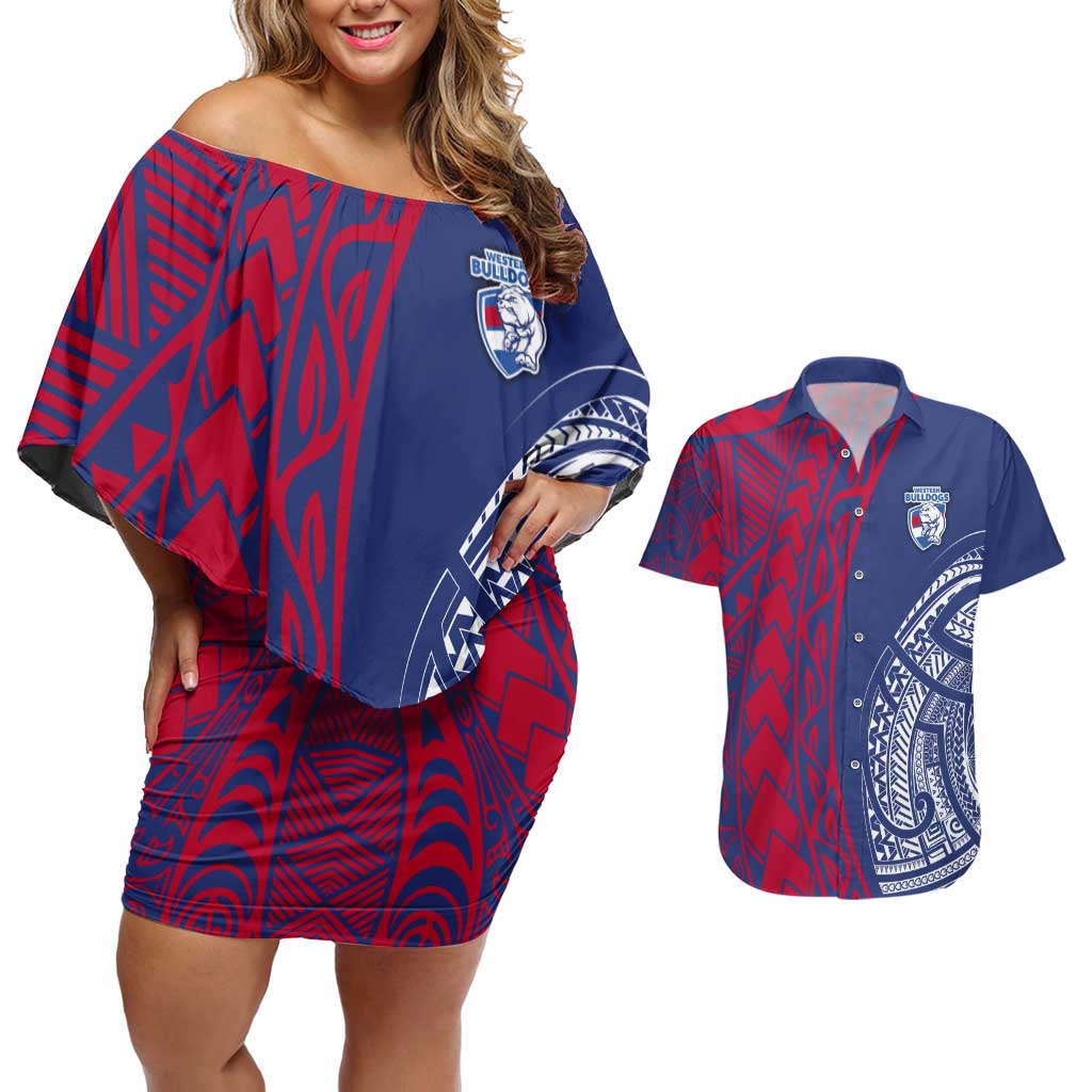 Personalised Western Bulldogs Mascot Couples Matching Off Shoulder Short Dress and Hawaiian Shirt Polynesian Tribal Pattern Bold Bulldog Football