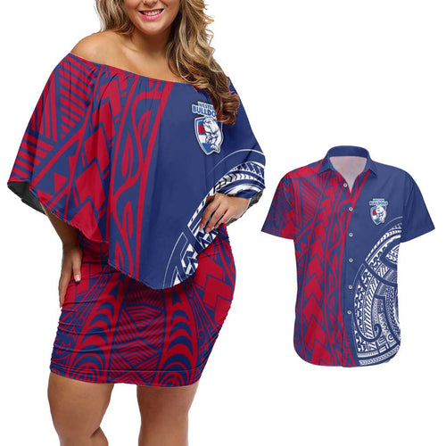 Personalised Western Bulldogs Mascot Couples Matching Off Shoulder Short Dress and Hawaiian Shirt Polynesian Tribal Pattern Bold Bulldog Football