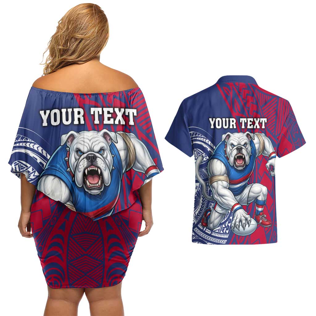 Personalised Western Bulldogs Mascot Couples Matching Off Shoulder Short Dress and Hawaiian Shirt Polynesian Tribal Pattern Bold Bulldog Football