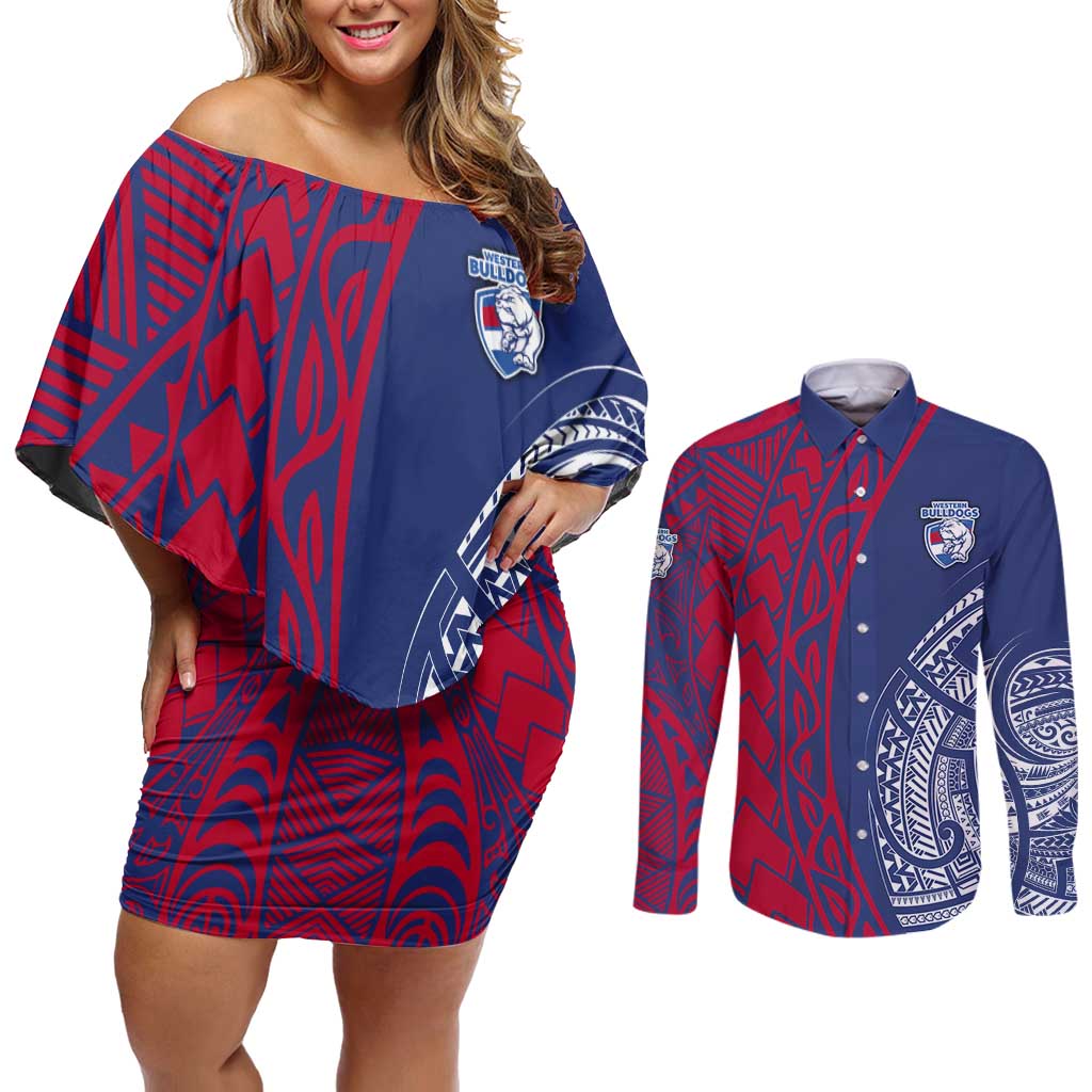 Personalised Western Bulldogs Mascot Couples Matching Off Shoulder Short Dress and Long Sleeve Button Shirt Polynesian Tribal Pattern Bold Bulldog Football