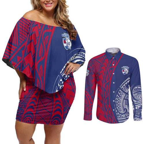 Personalised Western Bulldogs Mascot Couples Matching Off Shoulder Short Dress and Long Sleeve Button Shirt Polynesian Tribal Pattern Bold Bulldog Football