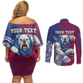 Personalised Western Bulldogs Mascot Couples Matching Off Shoulder Short Dress and Long Sleeve Button Shirt Polynesian Tribal Pattern Bold Bulldog Football
