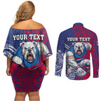 Personalised Western Bulldogs Mascot Couples Matching Off Shoulder Short Dress and Long Sleeve Button Shirt Polynesian Tribal Pattern Bold Bulldog Football