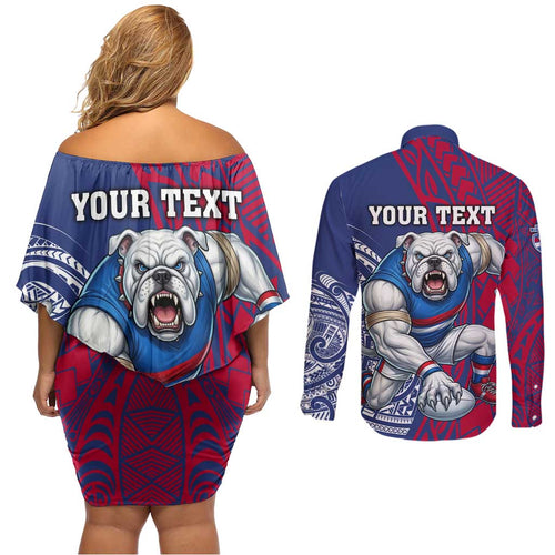 Personalised Western Bulldogs Mascot Couples Matching Off Shoulder Short Dress and Long Sleeve Button Shirt Polynesian Tribal Pattern Bold Bulldog Football