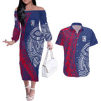 Personalised Western Bulldogs Mascot Couples Matching Off The Shoulder Long Sleeve Dress and Hawaiian Shirt Polynesian Tribal Pattern Bold Bulldog Football