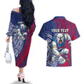 Personalised Western Bulldogs Mascot Couples Matching Off The Shoulder Long Sleeve Dress and Hawaiian Shirt Polynesian Tribal Pattern Bold Bulldog Football