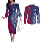Personalised Western Bulldogs Mascot Couples Matching Off The Shoulder Long Sleeve Dress and Long Sleeve Button Shirt Polynesian Tribal Pattern Bold Bulldog Football