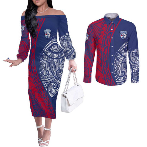 Personalised Western Bulldogs Mascot Couples Matching Off The Shoulder Long Sleeve Dress and Long Sleeve Button Shirt Polynesian Tribal Pattern Bold Bulldog Football
