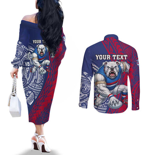 Personalised Western Bulldogs Mascot Couples Matching Off The Shoulder Long Sleeve Dress and Long Sleeve Button Shirt Polynesian Tribal Pattern Bold Bulldog Football