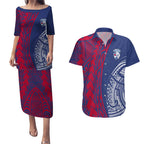 Personalised Western Bulldogs Mascot Couples Matching Puletasi and Hawaiian Shirt Polynesian Tribal Pattern Bold Bulldog Football