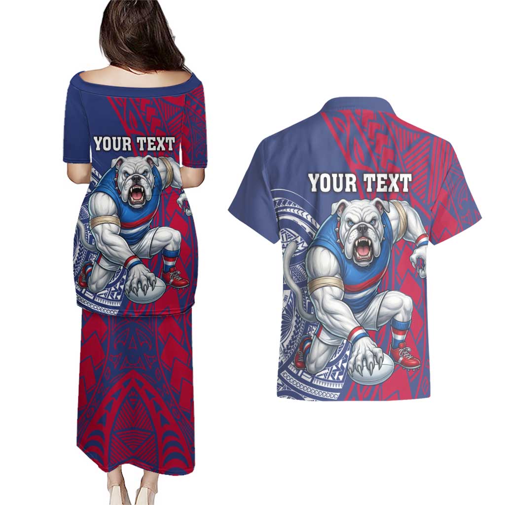Personalised Western Bulldogs Mascot Couples Matching Puletasi and Hawaiian Shirt Polynesian Tribal Pattern Bold Bulldog Football