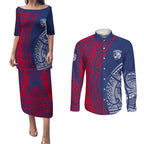 Personalised Western Bulldogs Mascot Couples Matching Puletasi and Long Sleeve Button Shirt Polynesian Tribal Pattern Bold Bulldog Football