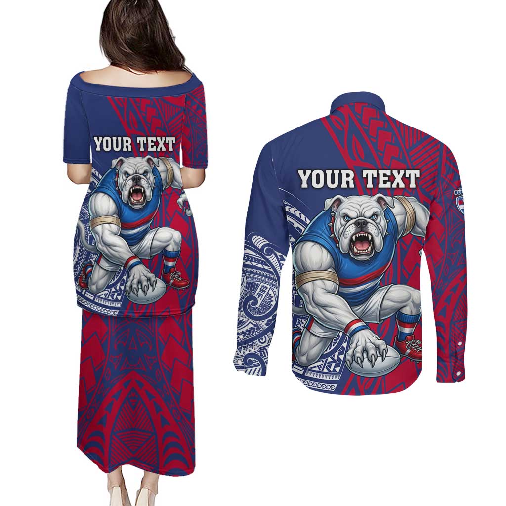 Personalised Western Bulldogs Mascot Couples Matching Puletasi and Long Sleeve Button Shirt Polynesian Tribal Pattern Bold Bulldog Football