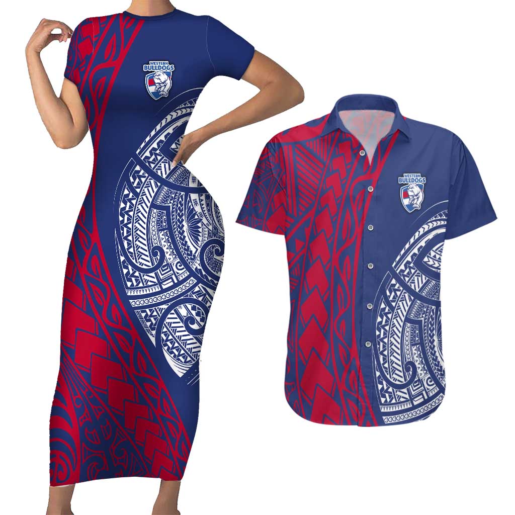 Personalised Western Bulldogs Mascot Couples Matching Short Sleeve Bodycon Dress and Hawaiian Shirt Polynesian Tribal Pattern Bold Bulldog Football