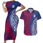 Personalised Western Bulldogs Mascot Couples Matching Short Sleeve Bodycon Dress and Hawaiian Shirt Polynesian Tribal Pattern Bold Bulldog Football