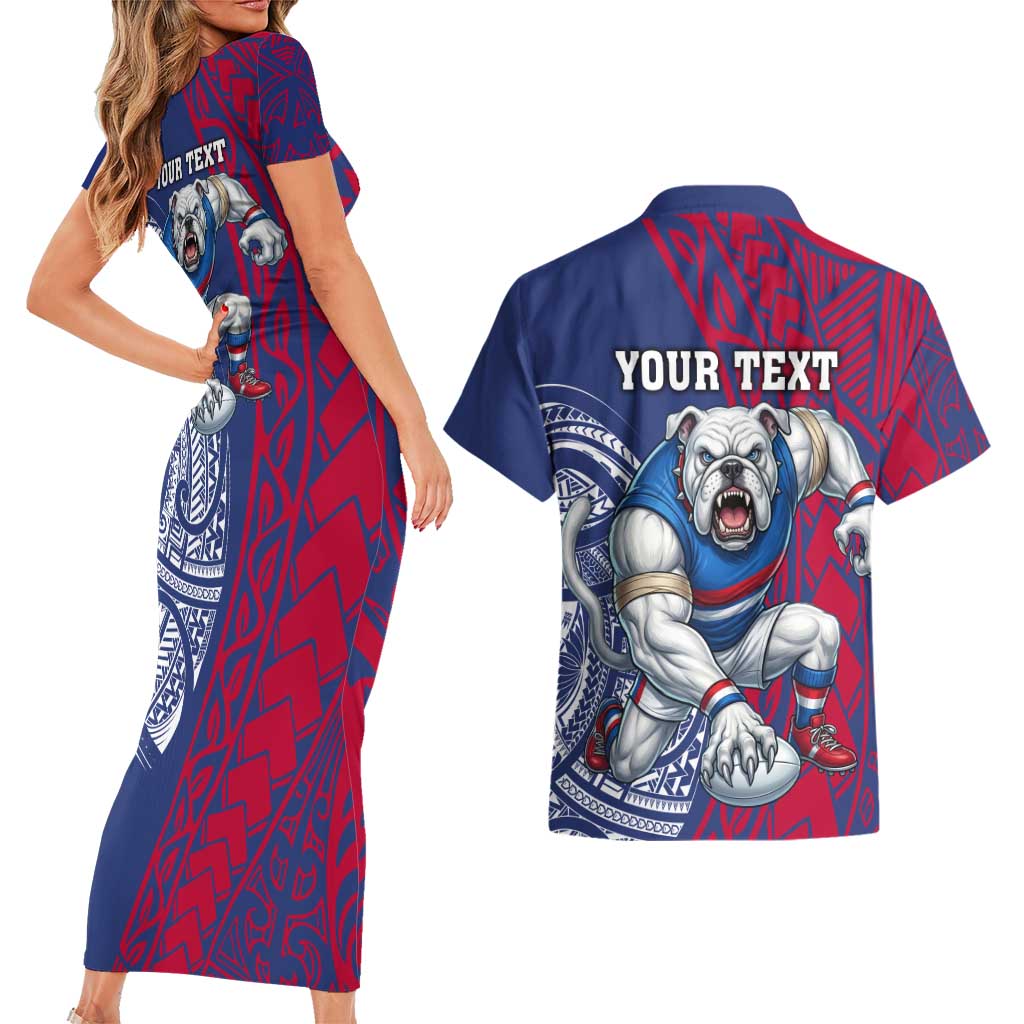 Personalised Western Bulldogs Mascot Couples Matching Short Sleeve Bodycon Dress and Hawaiian Shirt Polynesian Tribal Pattern Bold Bulldog Football