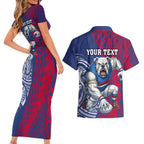 Personalised Western Bulldogs Mascot Couples Matching Short Sleeve Bodycon Dress and Hawaiian Shirt Polynesian Tribal Pattern Bold Bulldog Football