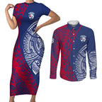 Personalised Western Bulldogs Mascot Couples Matching Short Sleeve Bodycon Dress and Long Sleeve Button Shirt Polynesian Tribal Pattern Bold Bulldog Football