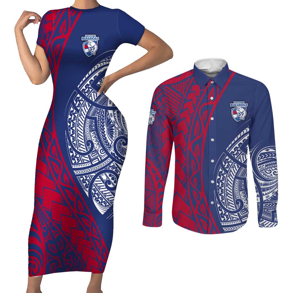 Personalised Western Bulldogs Mascot Couples Matching Short Sleeve Bodycon Dress and Long Sleeve Button Shirt Polynesian Tribal Pattern Bold Bulldog Football