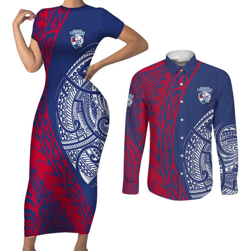Personalised Western Bulldogs Mascot Couples Matching Short Sleeve Bodycon Dress and Long Sleeve Button Shirt Polynesian Tribal Pattern Bold Bulldog Football