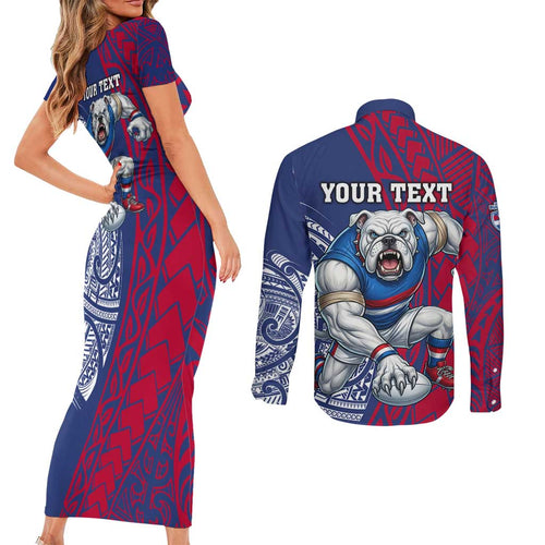Personalised Western Bulldogs Mascot Couples Matching Short Sleeve Bodycon Dress and Long Sleeve Button Shirt Polynesian Tribal Pattern Bold Bulldog Football