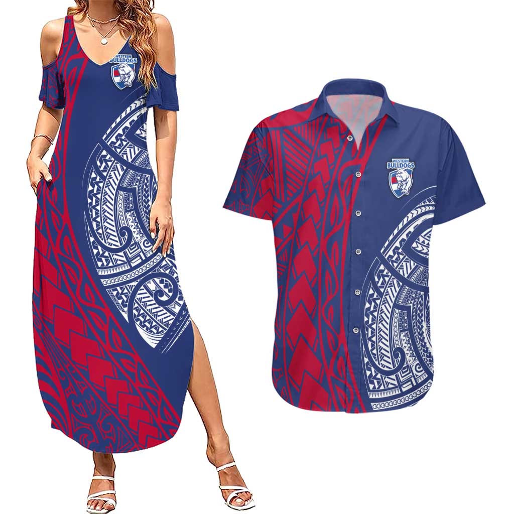 Personalised Western Bulldogs Mascot Couples Matching Summer Maxi Dress and Hawaiian Shirt Polynesian Tribal Pattern Bold Bulldog Football
