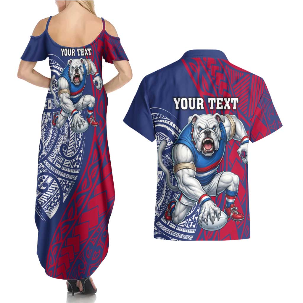 Personalised Western Bulldogs Mascot Couples Matching Summer Maxi Dress and Hawaiian Shirt Polynesian Tribal Pattern Bold Bulldog Football