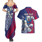 Personalised Western Bulldogs Mascot Couples Matching Summer Maxi Dress and Hawaiian Shirt Polynesian Tribal Pattern Bold Bulldog Football