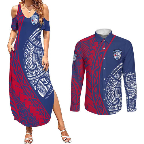 Personalised Western Bulldogs Mascot Couples Matching Summer Maxi Dress and Long Sleeve Button Shirt Polynesian Tribal Pattern Bold Bulldog Football