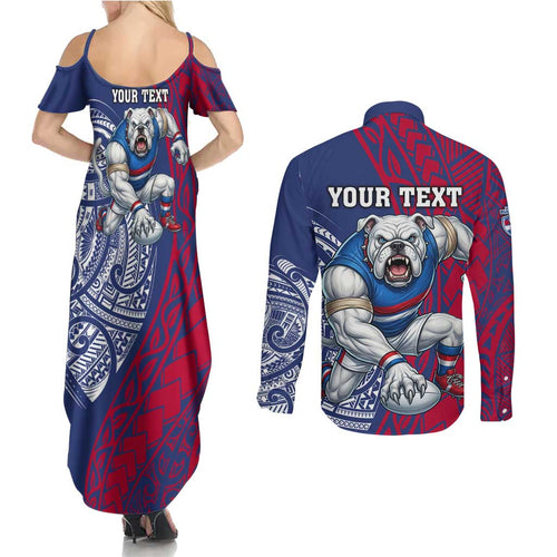 Personalised Western Bulldogs Mascot Couples Matching Summer Maxi Dress and Long Sleeve Button Shirt Polynesian Tribal Pattern Bold Bulldog Football