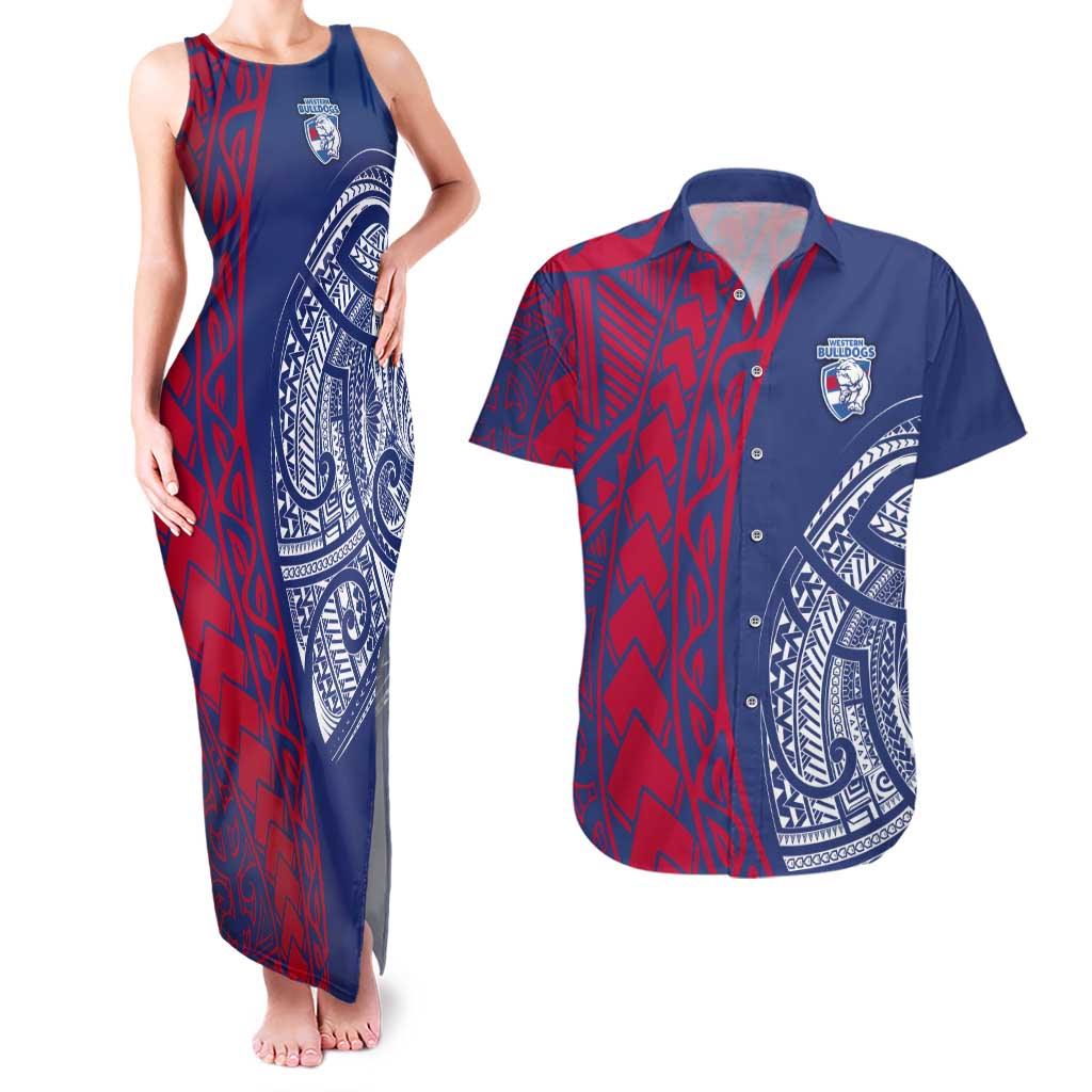 Personalised Western Bulldogs Mascot Couples Matching Tank Maxi Dress and Hawaiian Shirt Polynesian Tribal Pattern Bold Bulldog Football