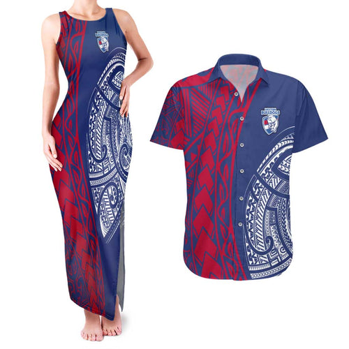 Personalised Western Bulldogs Mascot Couples Matching Tank Maxi Dress and Hawaiian Shirt Polynesian Tribal Pattern Bold Bulldog Football