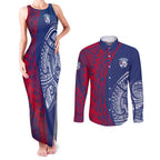 Personalised Western Bulldogs Mascot Couples Matching Tank Maxi Dress and Long Sleeve Button Shirt Polynesian Tribal Pattern Bold Bulldog Football