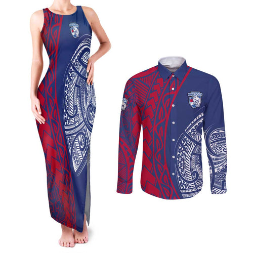 Personalised Western Bulldogs Mascot Couples Matching Tank Maxi Dress and Long Sleeve Button Shirt Polynesian Tribal Pattern Bold Bulldog Football