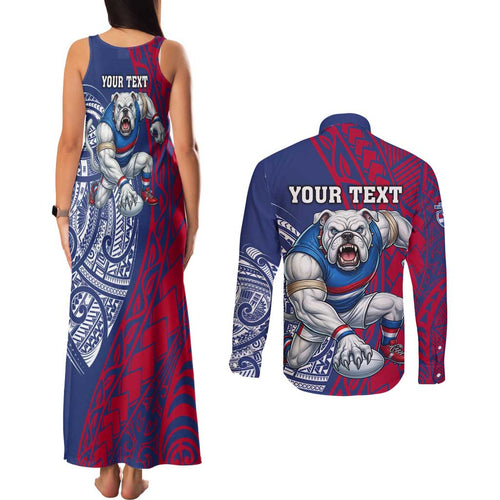 Personalised Western Bulldogs Mascot Couples Matching Tank Maxi Dress and Long Sleeve Button Shirt Polynesian Tribal Pattern Bold Bulldog Football