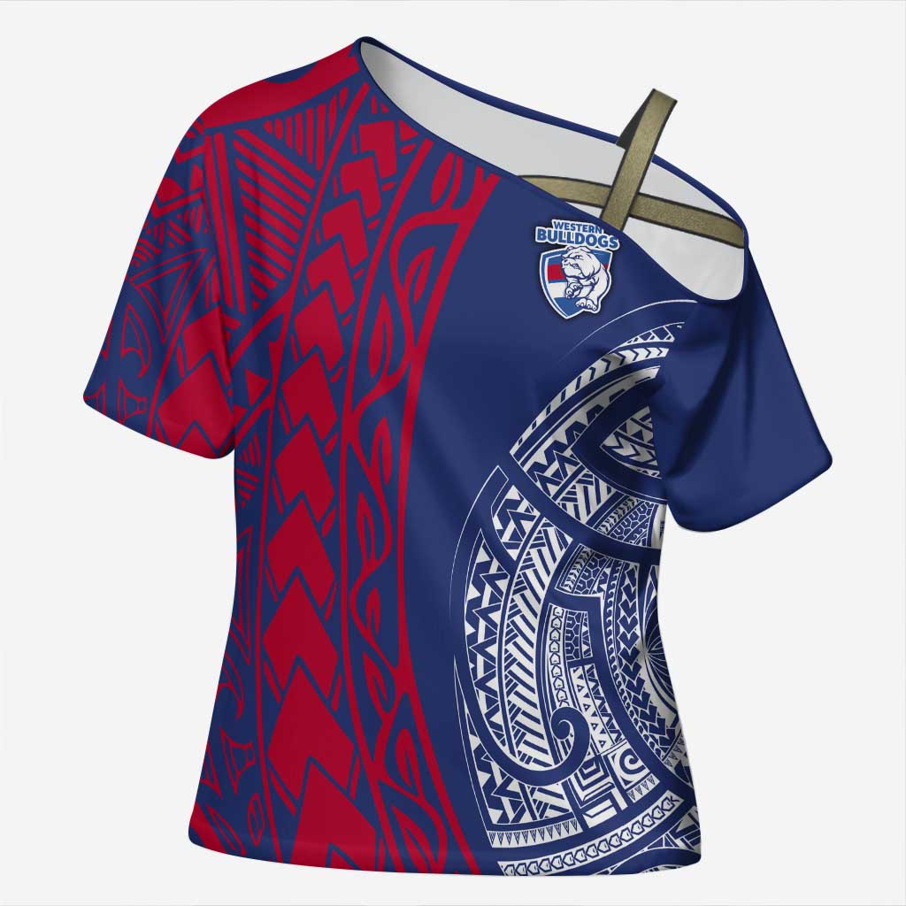 Personalised Western Bulldogs Mascot Cross Shoulder Shirt Polynesian Tribal Pattern Bold Bulldog Football